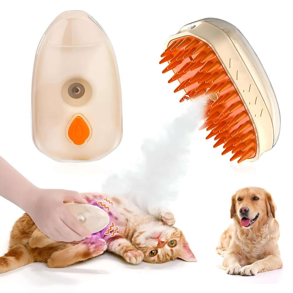 Yellow USB rechargeable cat brush steamer with water tank, silicone brush head, and UV detection light.