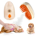 Yellow USB rechargeable cat brush steamer with water tank, silicone brush head, and UV detection light.