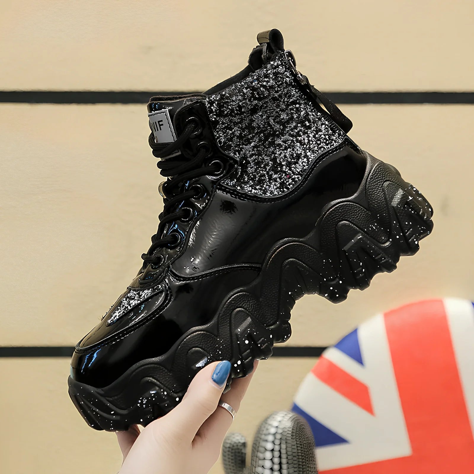 Women's platform sneakers with decorative sequins and 3-5cm heel in black, red, or silver