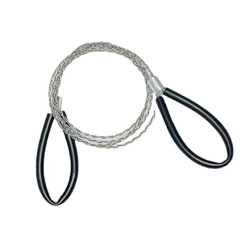 Outdoor survival wire saw with a stainless steel wire coil presented next to a small black leather carry case.