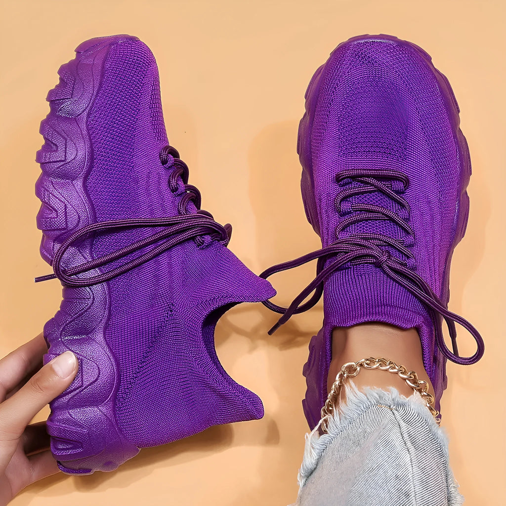 Plus size women's fly-knit sports shoes with platform heel, breathable mesh upper, available in multiple colours