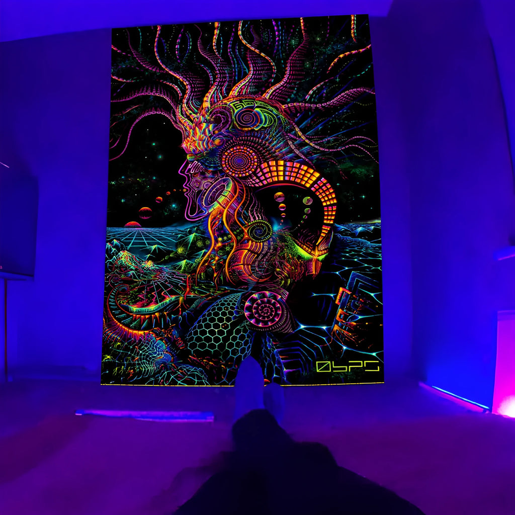Fluorescent woven polyester tapestry with landscape pattern, rectangular shape, available in multiple colours and sizes