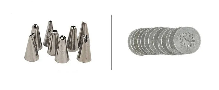 Stainless steel biscuit press gun with assorted cookie moulds and piping nozzles for baking.