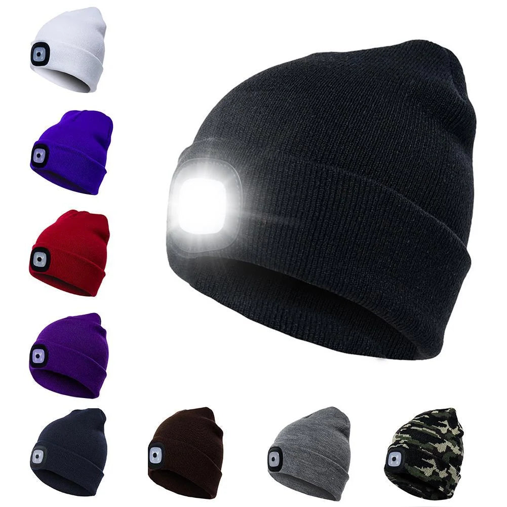 LED knit hat in various colors with integrated light for night safety