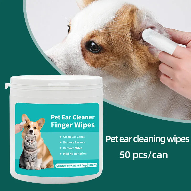 Box of disposable pet cleaning wipes for dog and cat ear care and tooth cleaning, showing 50 ear wipes and 50 tooth wipes