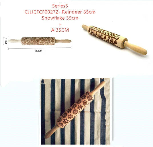 Wooden Christmas embossing rolling pin with non-stick surface for festive baking