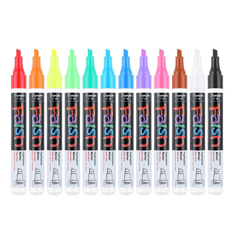 A plastic electronic highlighter with an oblique shape for fluorescent boards, shown with an 8-colour refill pack.