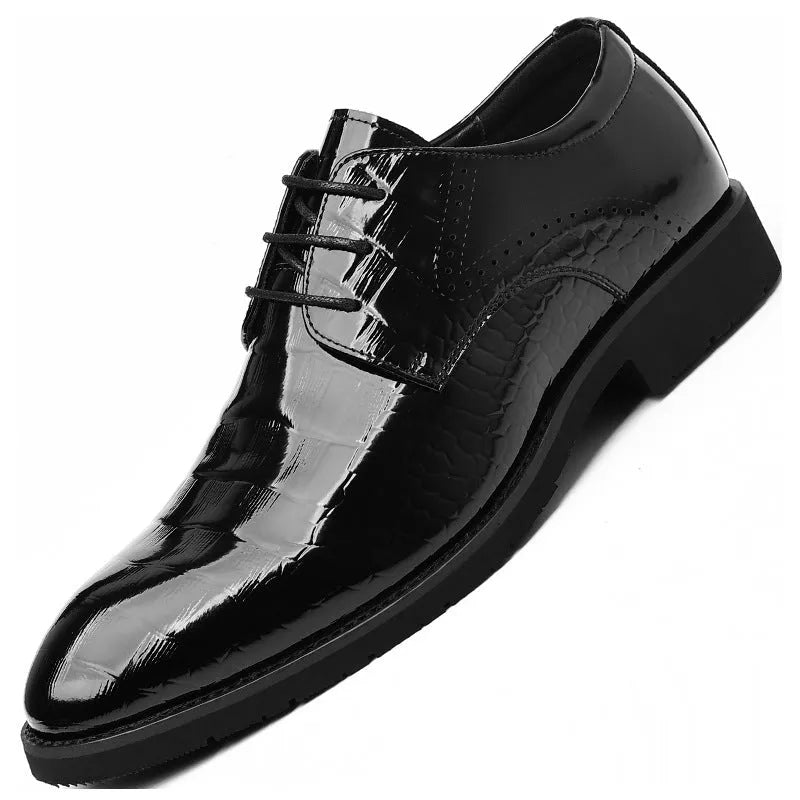 Men's black glossy PU leather low-top business shoes with rubber sole