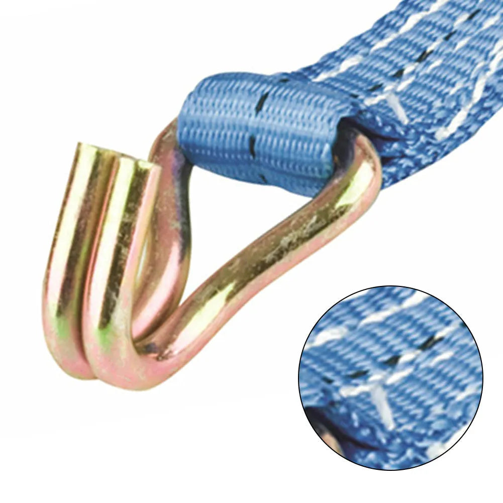 Steel ratchet tensioner strap with double triangular hooks and polyester webbing for furniture transport