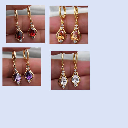 Purple zircon drop-shaped earrings with geometric design and inlaid stones