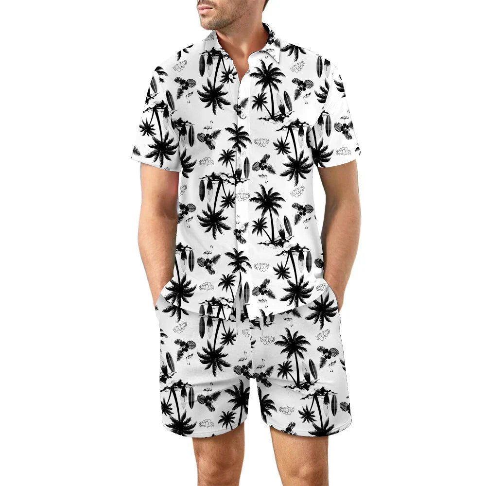 Stylish printed shirt and drawstring shorts set for men's casual beach vacation outfit