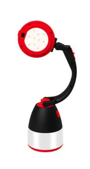 Black green multifunctional LED table lamp showing adjustable head and USB charging port.