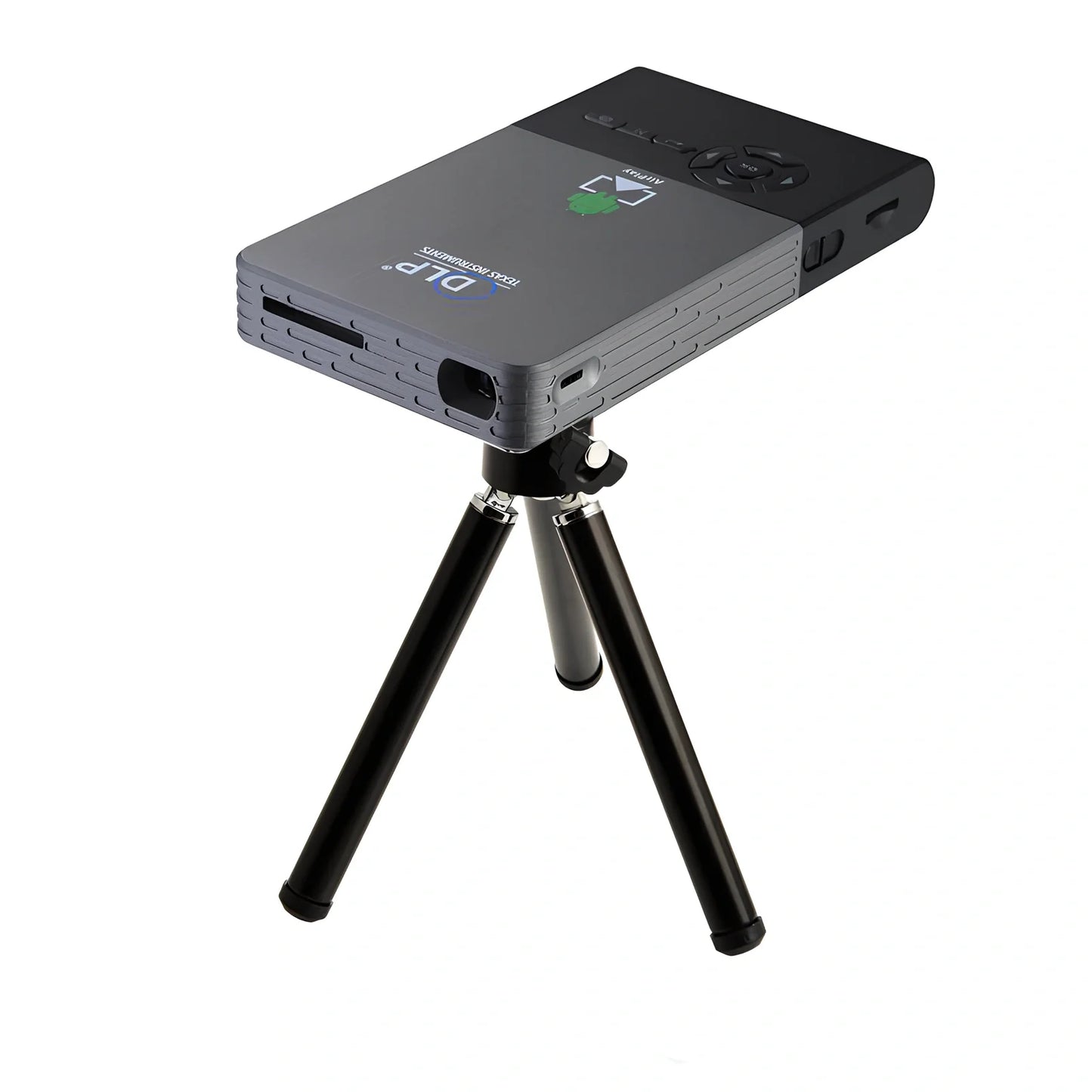 C2 Android DLP HD 3D portable projector showing 100-inch wireless screen from phone