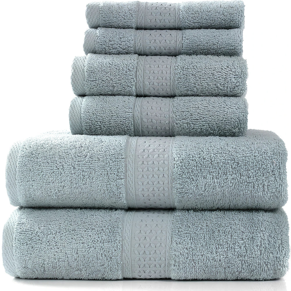 Pure cotton absorbent towel set in bamboo green, showing 140x70cm bath, 33x73cm hand, and 33x33cm square towels