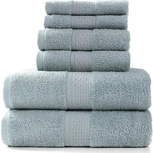 Pure cotton absorbent towel set in bamboo green, showing 140x70cm bath, 33x73cm hand, and 33x33cm square towels
