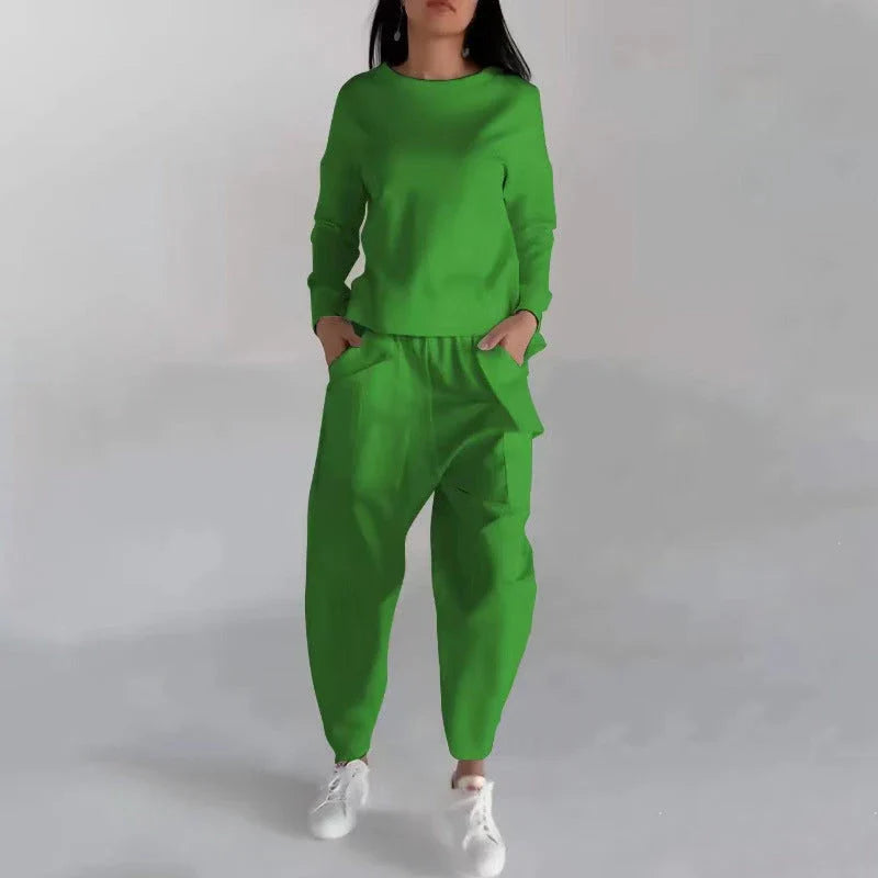 Versatile poly-blend loungewear set in various colors with pockets and back slit design