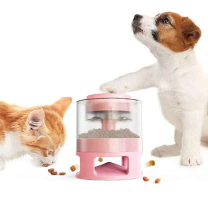Interactive dog food feeder with anti-slip base in white and yellow