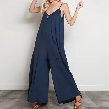 Women's black V-neck long jumpsuit with wide legs, loose fit up to 5XL, 160cm length for summer casual wear