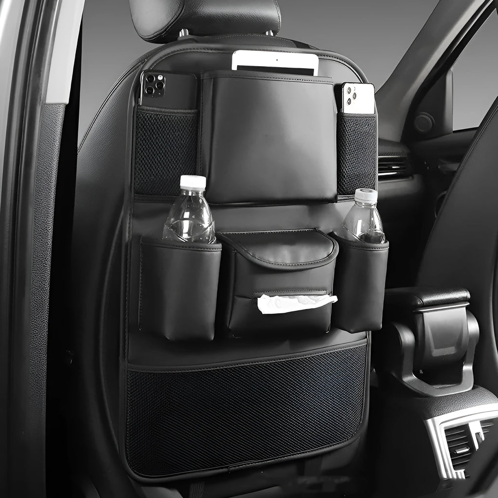 PU leather car seat back storage bag with mesh compartments in black, grey, green, and brown colour options