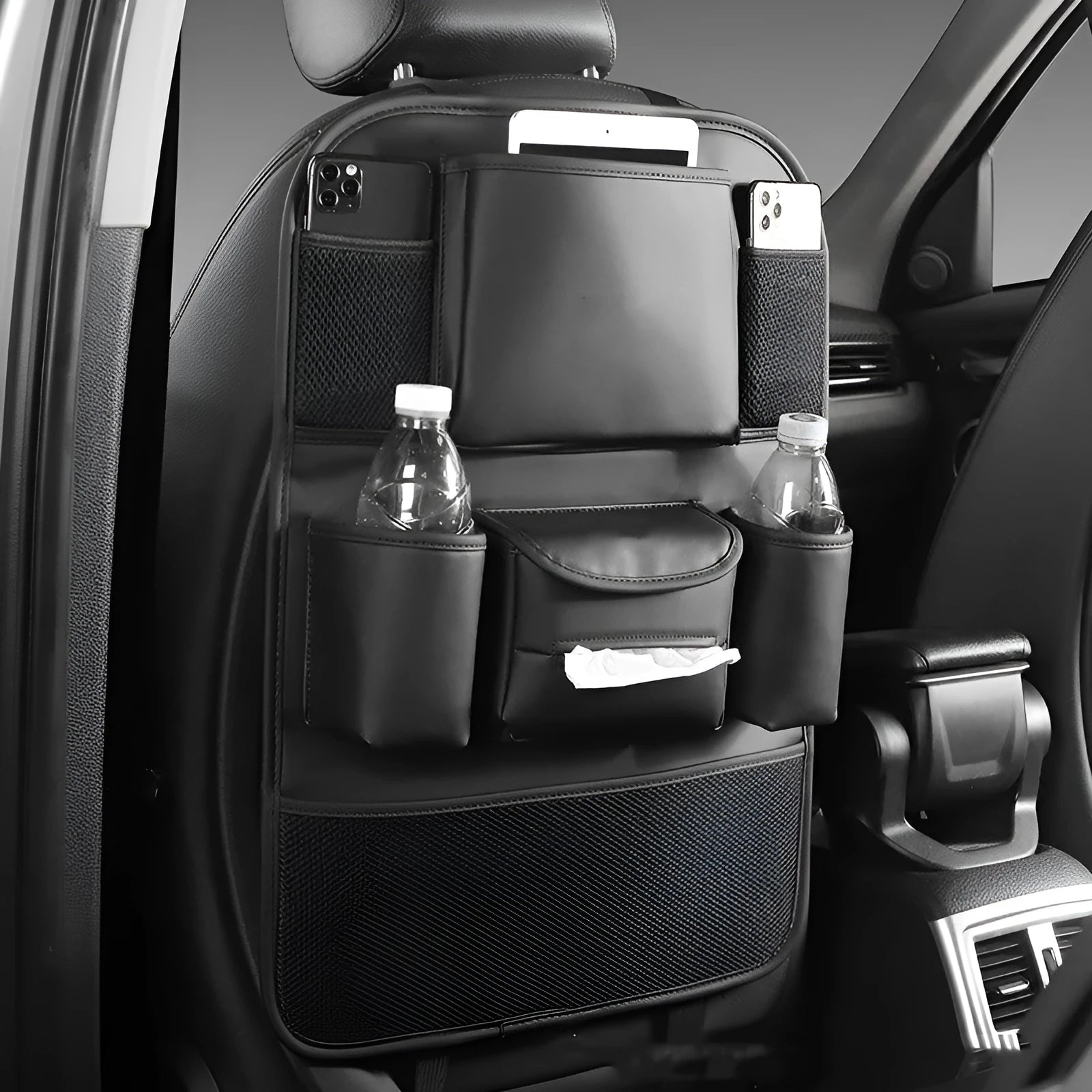 PU leather car seat back storage bag with mesh compartments in black, grey, green, and brown colour options