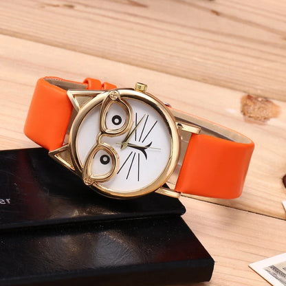 Cat face cartoon children's watch with quartz movement and colourful strap options