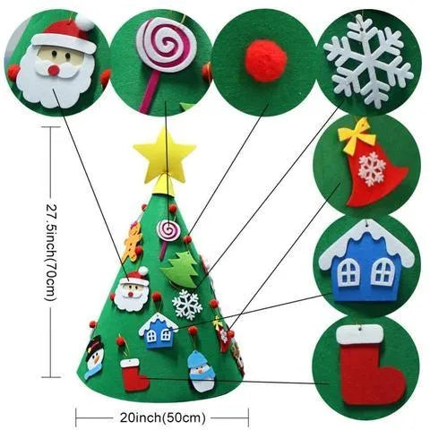 Felt Christmas tree three-dimensional DIY puzzle kit with cone base and felt balls on a surface