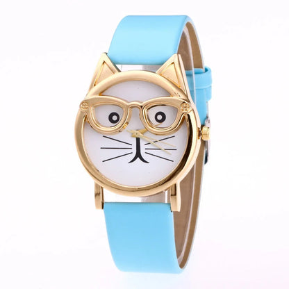 Cat face cartoon children's watch with quartz movement and colourful strap options