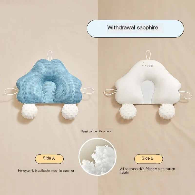 U-shaped baby head pillow in pure cotton, shown in blue and pink colour options.