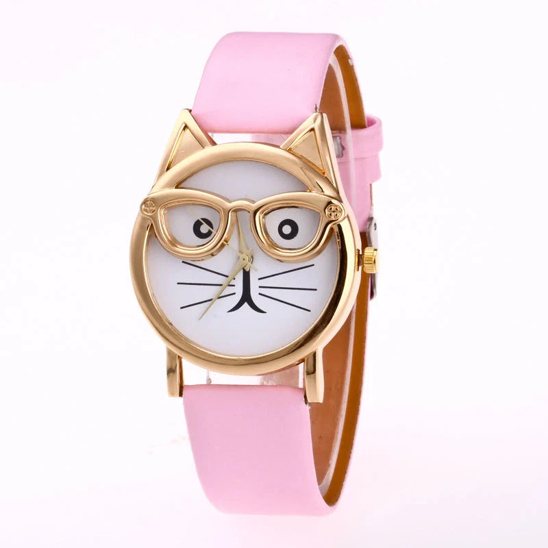 Cat face cartoon children's watch with quartz movement and colourful strap options