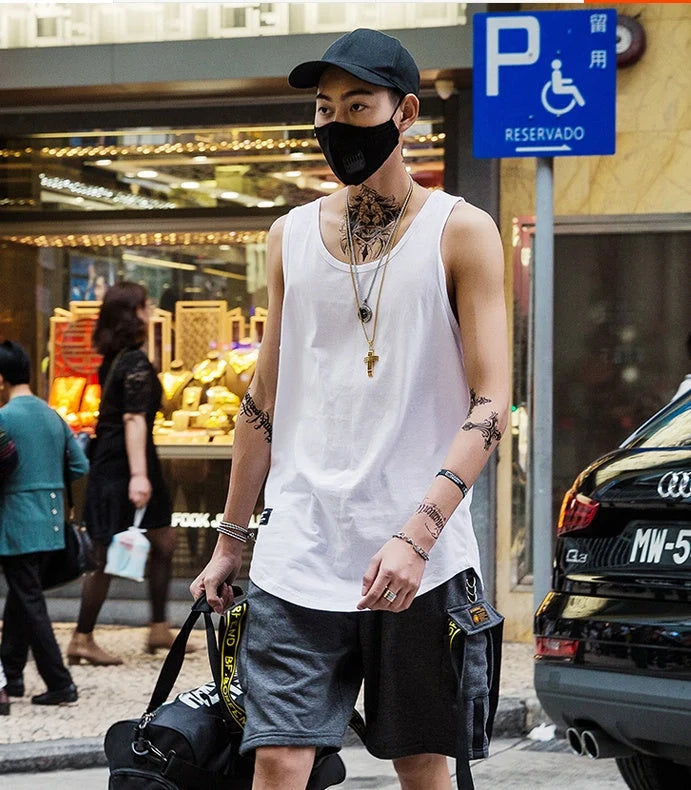 Men's cotton sleeveless scoop tank top with printed design in various colours