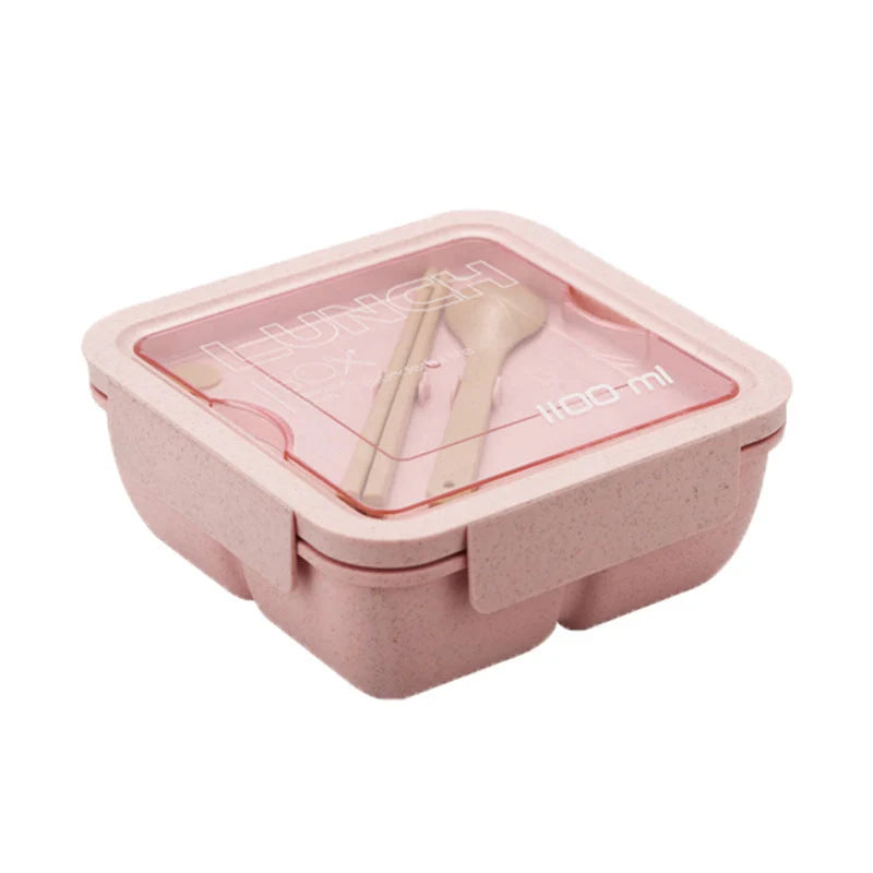 Japanese-style student bento box with silicone seal, microwave-safe, includes spoon and chopsticks
