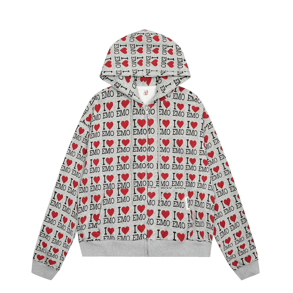 Mixed grey women's hooded cardigan with a retro pattern and long sleeves.