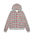 Mixed grey women's hooded cardigan with a retro pattern and long sleeves.