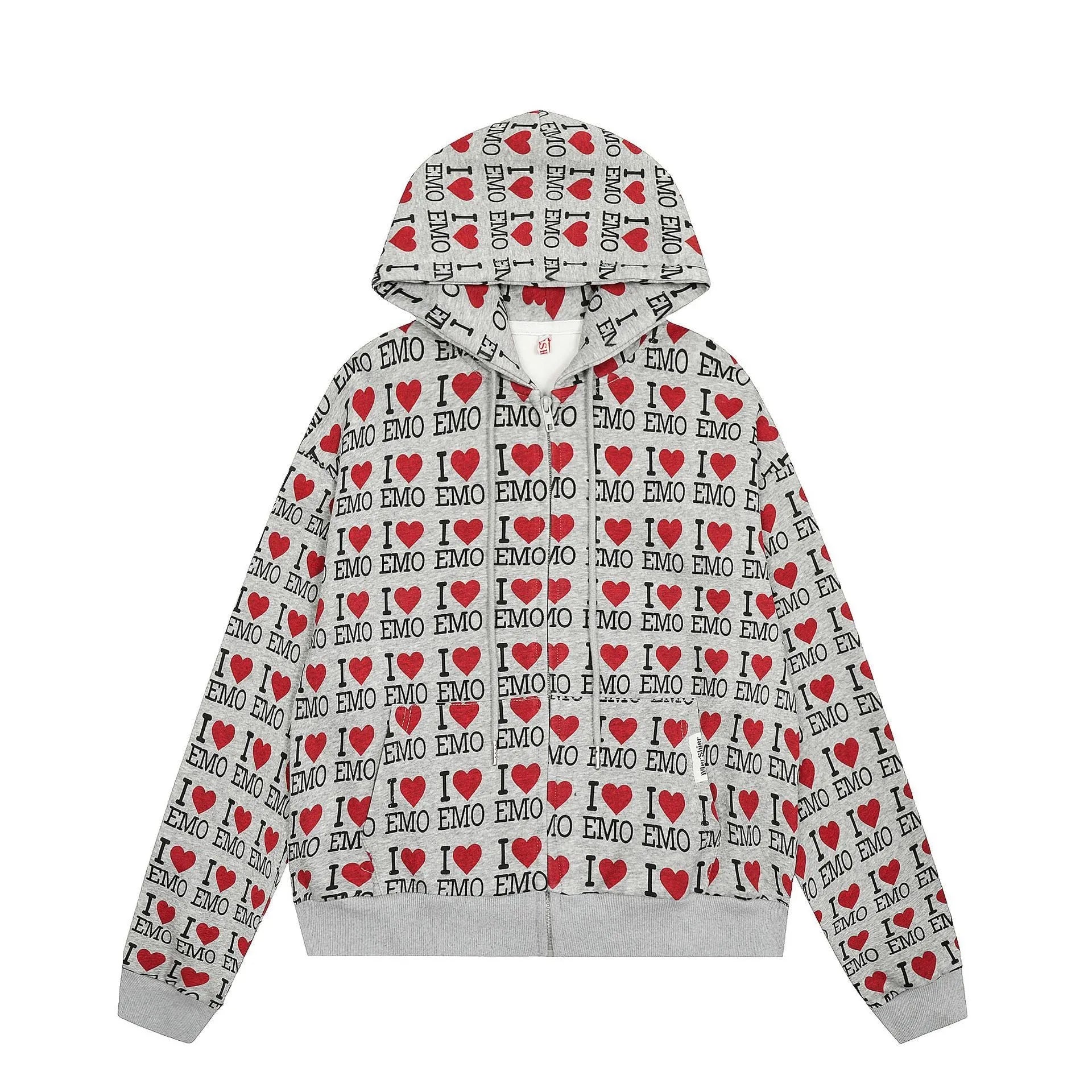 Mixed grey women's hooded cardigan with a retro pattern and long sleeves.