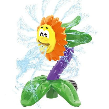 Colorful outdoor sprinkler toy with various water spray designs for backyard summer fun