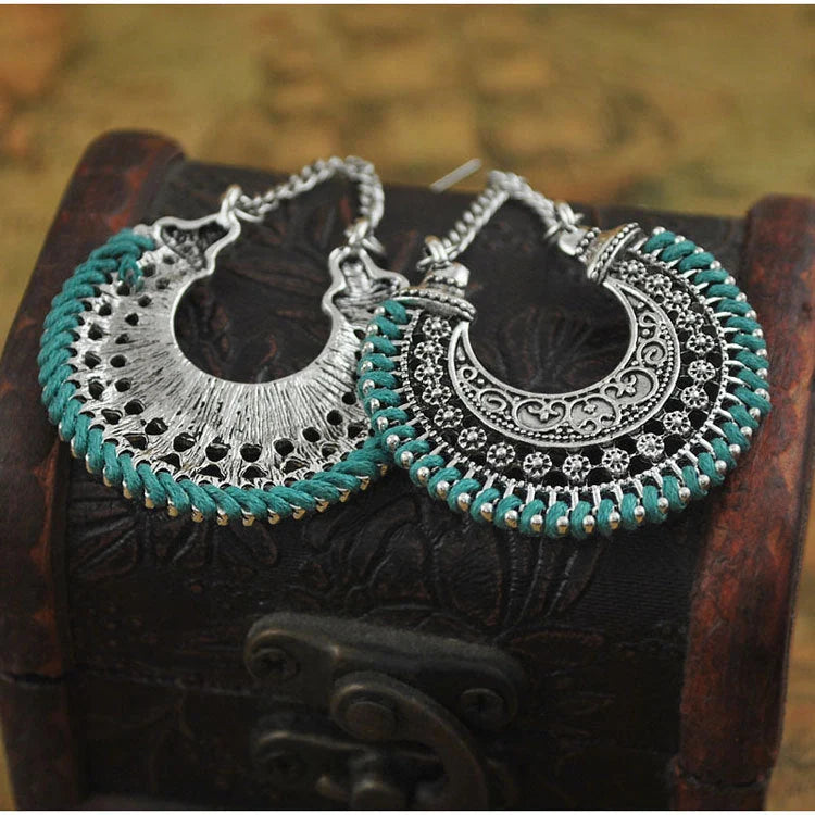 Bohemian Vintage Earrings with hand-woven rope and alloy meniscus flower basket design