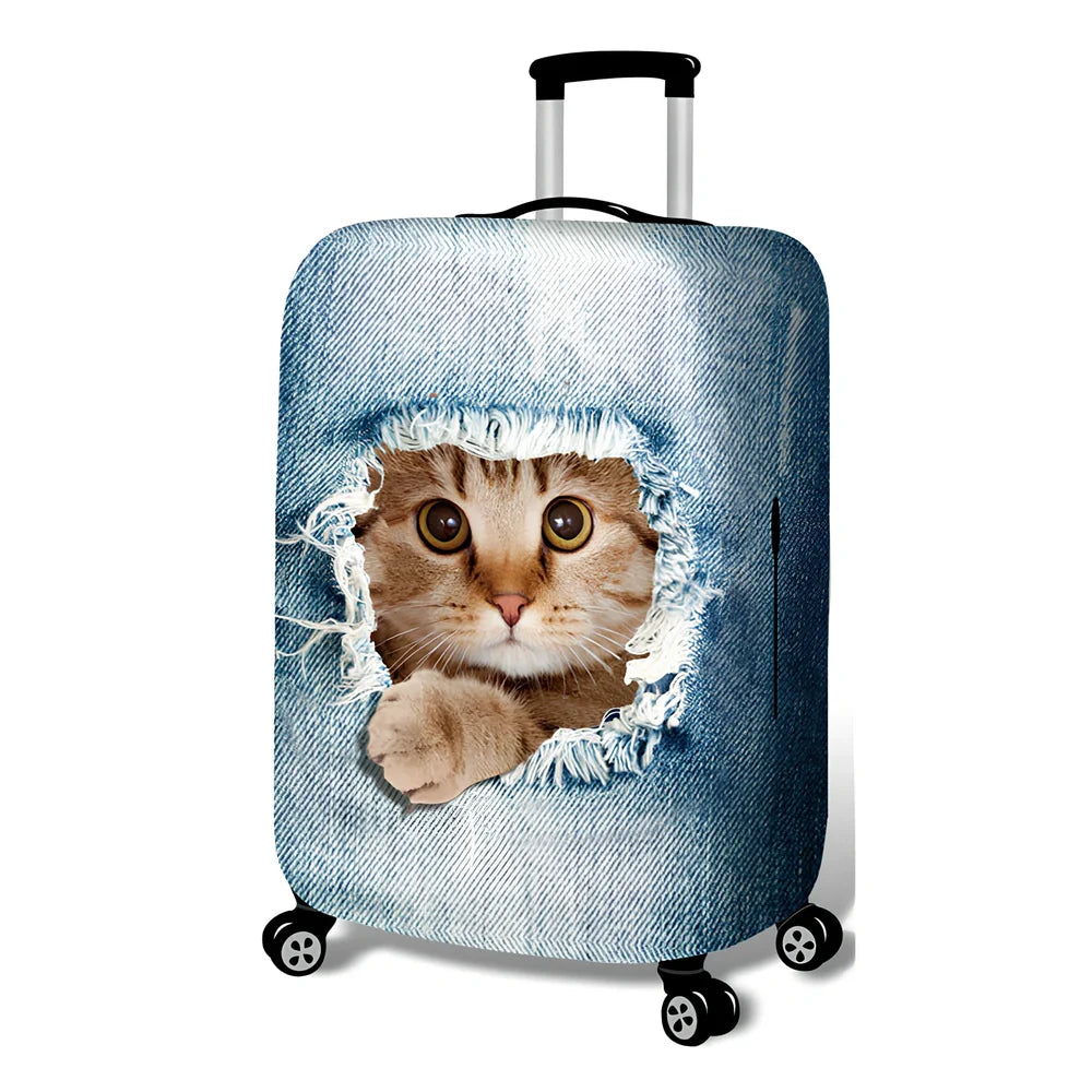 Blue cartoon polyester luggage cover on 24-inch suitcase with pole case, fitting 18-32 inch sizes securely