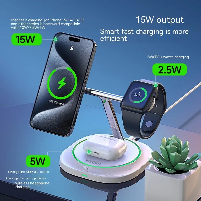 White three-in-one 15W magnetic suction wireless charger for phone earphone and watch on desk