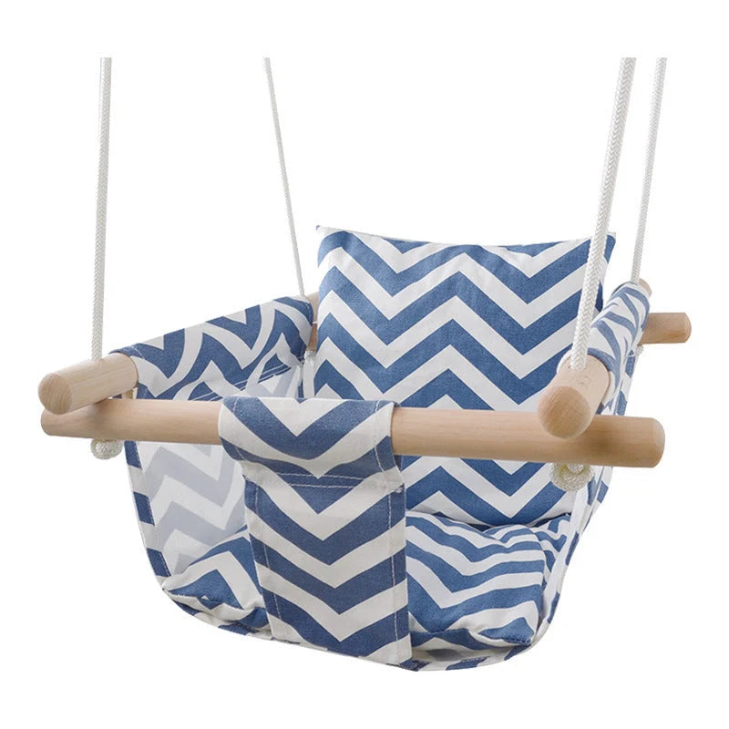 Infant hanging chair with folding canvas swing in blue and white waves