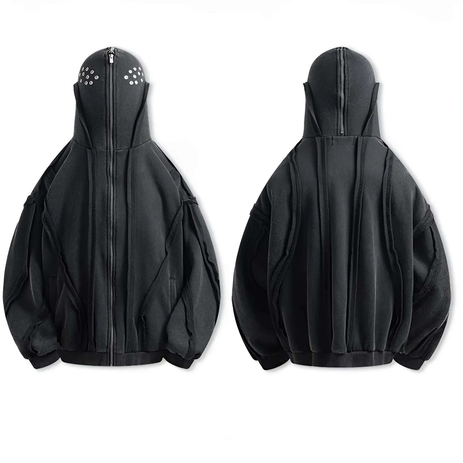 Black loose-fit padded cotton cardigan with a zip front and hood on a model.
