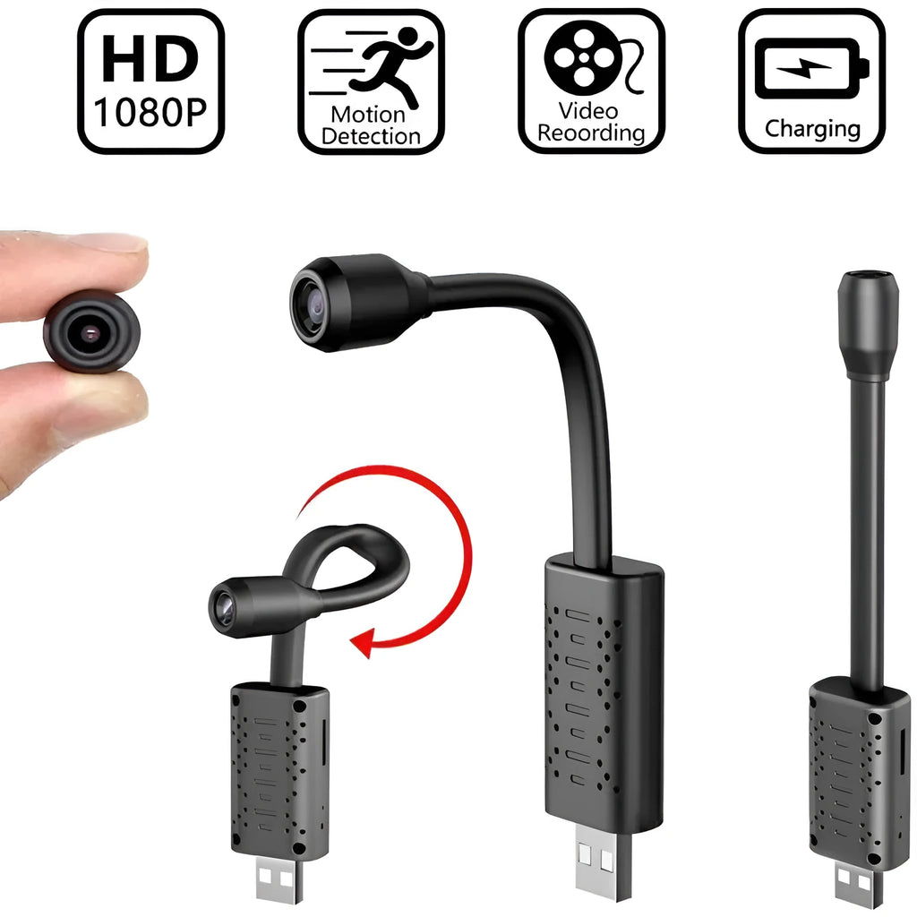 Black V380 Wireless USB HD security camera showing its compact rectangular shape and USB port.