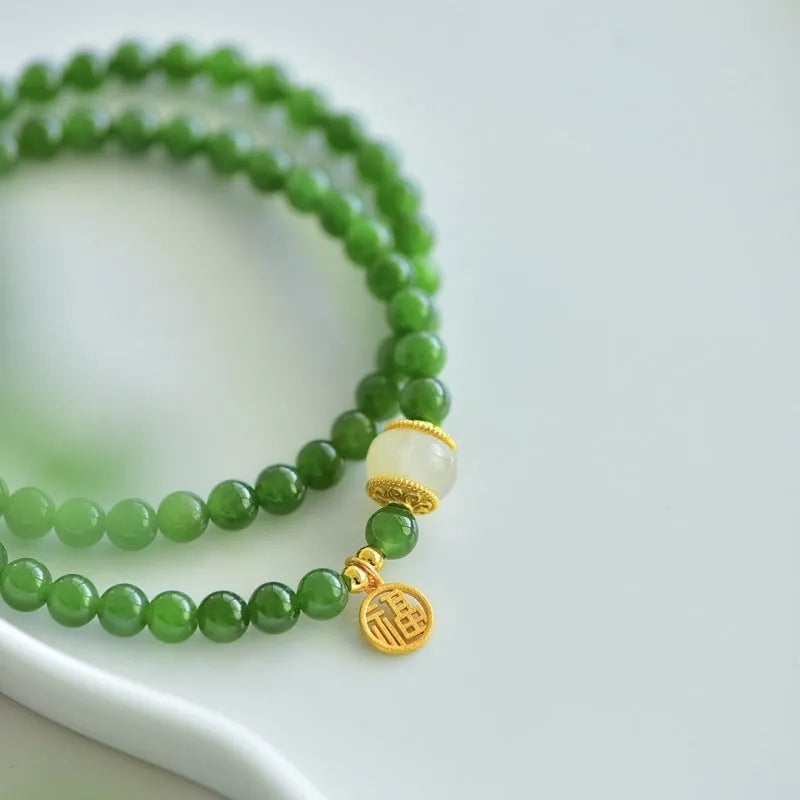 Women's double circle bracelet made of natural Hetian jade featuring a fu character, 6mm size.