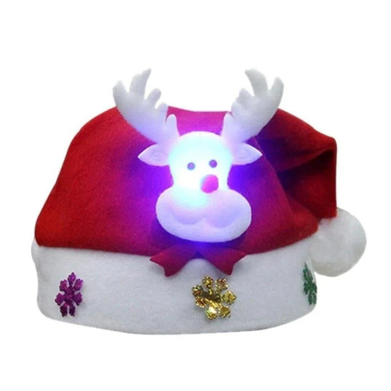 Christmas LED Luminous Hat in red with cartoon applique, available in child and adult sizes