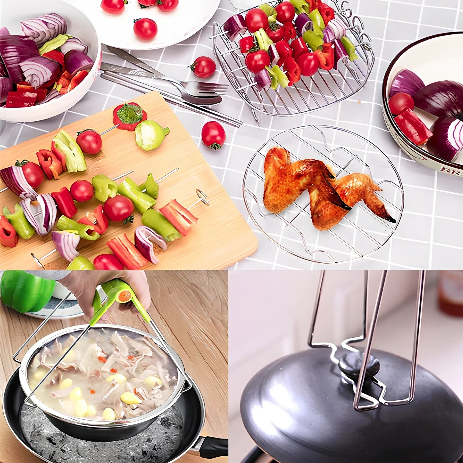 8-inch air fryer accessory set with cake barrel, pizza pan, silicone mat, and safety tools for multi-layer cooking