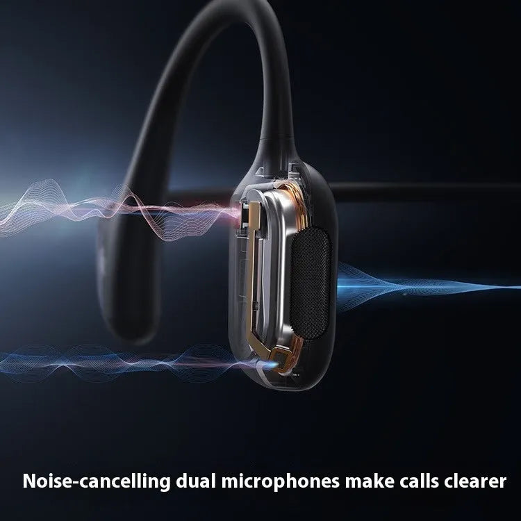 Titanium alloy bone conduction wireless sports earphones in Knight Black colour, shown in neck-hanging style.