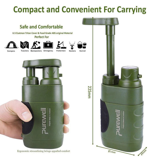 Compact multistage outdoor water purifier in green with carrying case