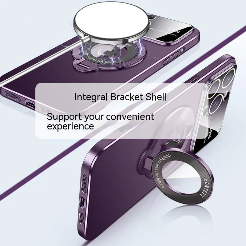 Frosted PC magnetic bracket phone case for iPhone, shown in dark purple, with a large window and built-in stand.