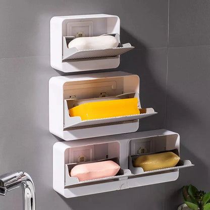 Double grids soap storage box wall mounted with free drain design in white, grey, and khaki