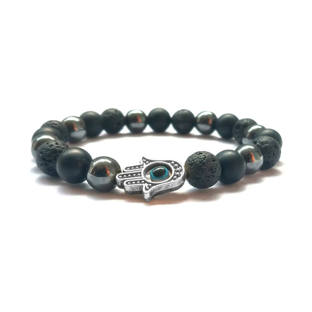 Handmade beaded bracelet with 8mm stone beads in silver blue white black, alloy electroplating finish