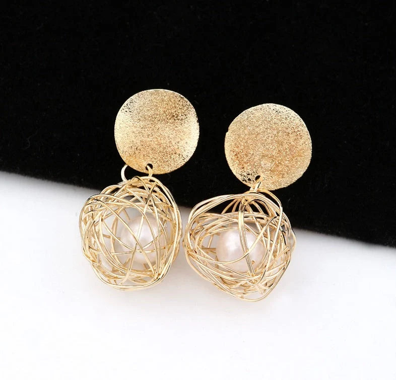 Vintage Geometric Earrings with woven ball and pearl stud design, 4.5cm length